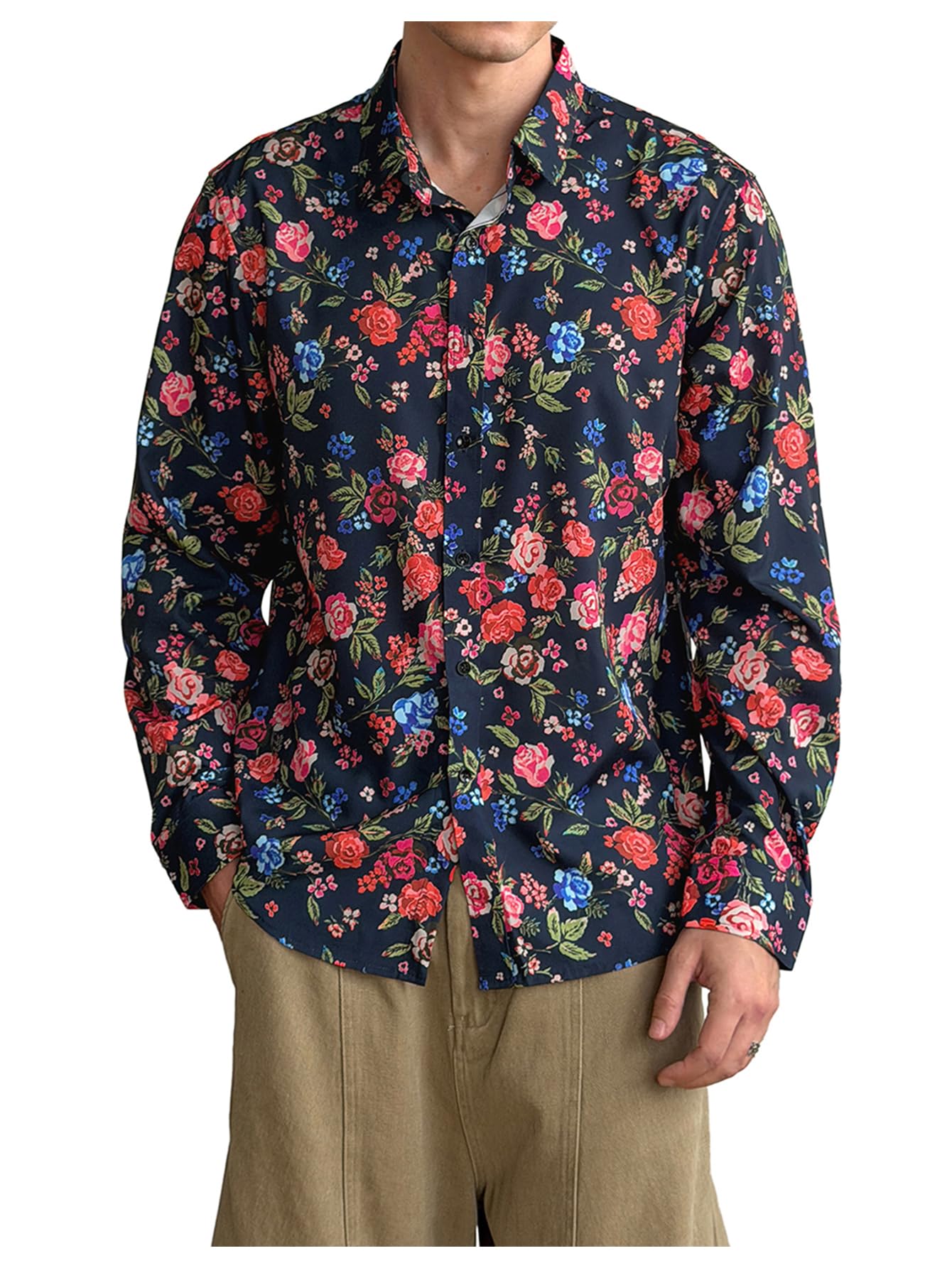 VIPWOLF Men's Floral Dress Shirts Collared Long Sleeve Button Down